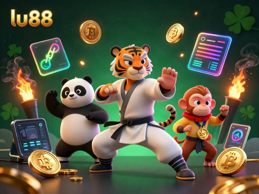 Experience thrilling gambling with lu88 featuring a kung fu tiger, panda disciple, and a monkey stealing gold.
