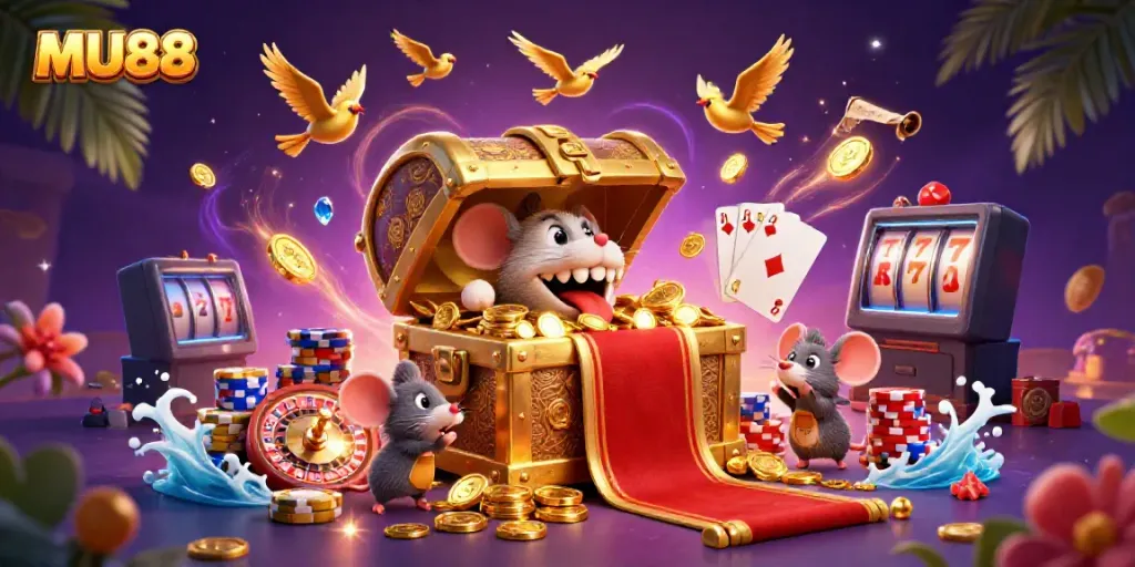 Experience thrilling wins at MU88 with a treasure chest mimic and dynamic casino elements in a vibrant 3D scene.