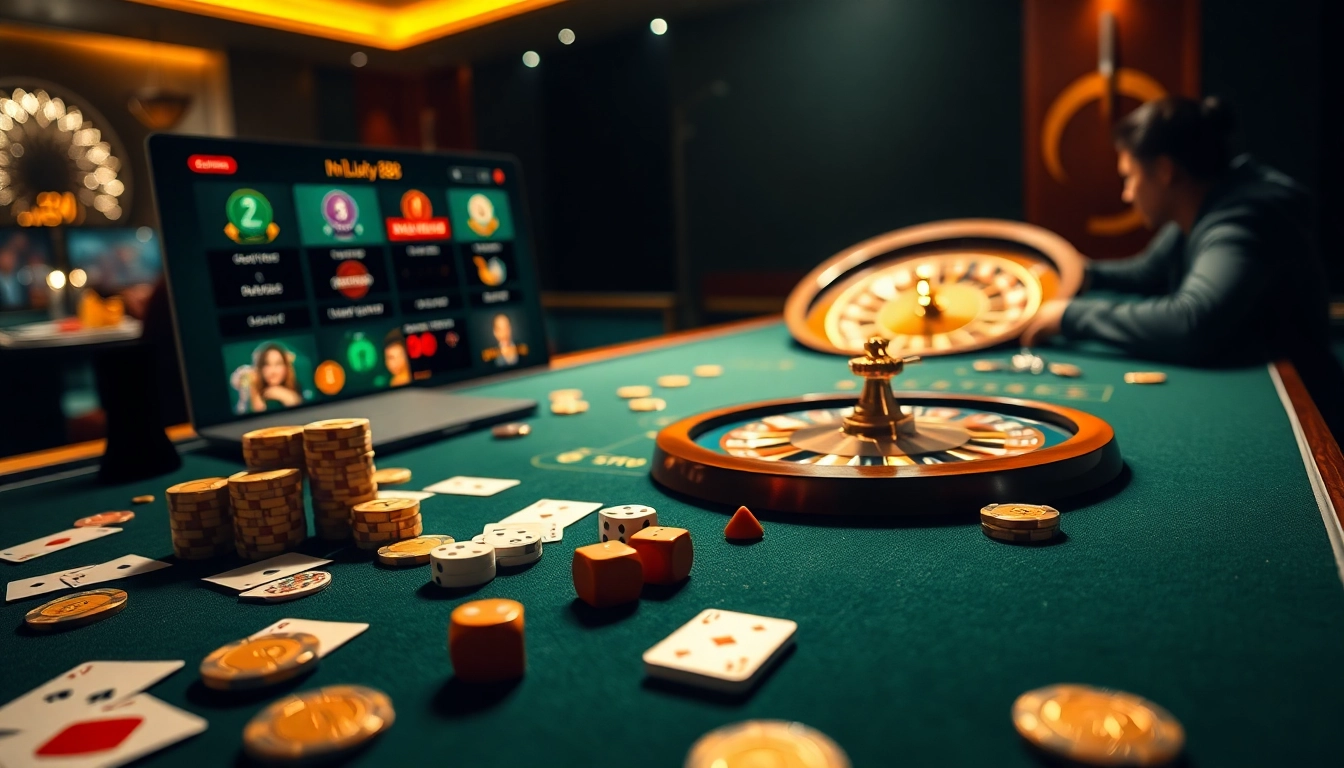 Players engaging in high-stakes gambling at nhà cái lucky88 casino tables with vibrant cards and chips.
