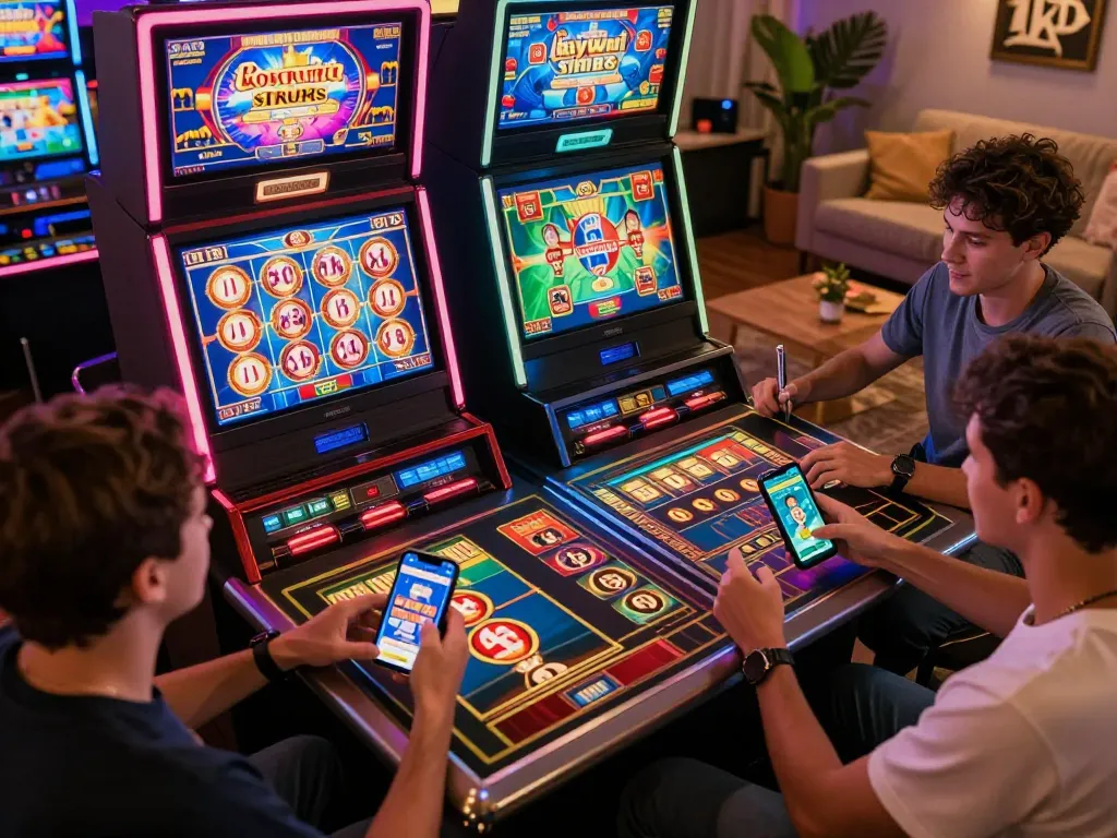 Players experience the thrill of luckywin with interactive mobile gaming, showcasing an exciting online casino atmosphere.