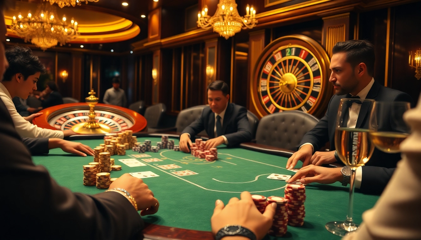 Experience the thrill of poker at https://ku88it.com/ with players enjoying a luxurious game featuring poker chips and cards.