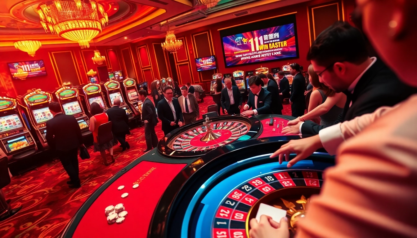 Experience the excitement at https://11win12.com/ with a luxurious casino scene showcasing roulette and poker.