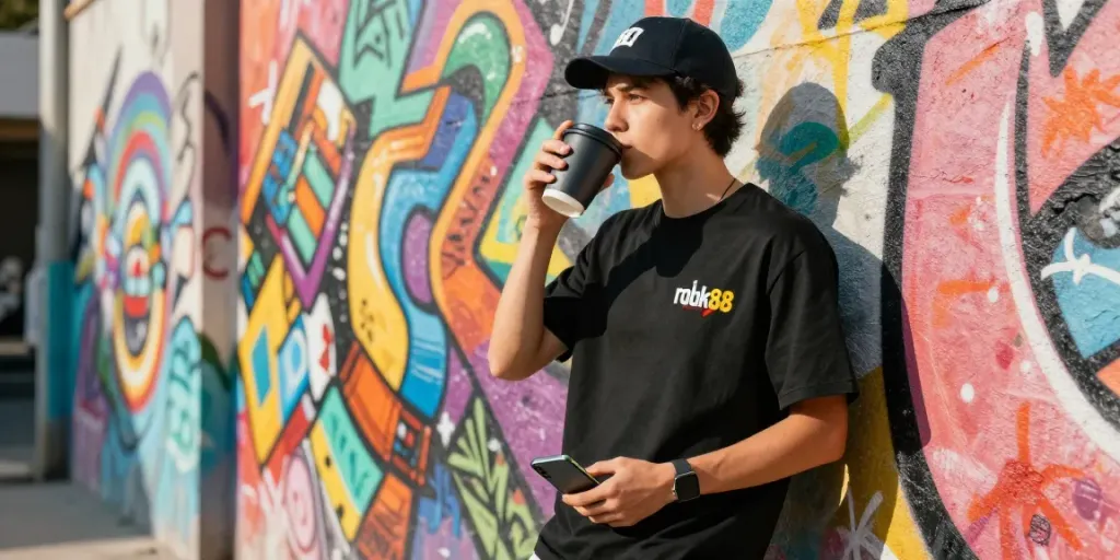 Youth in stylish streetwear showcasing rokok88 merchandise against colorful street art.