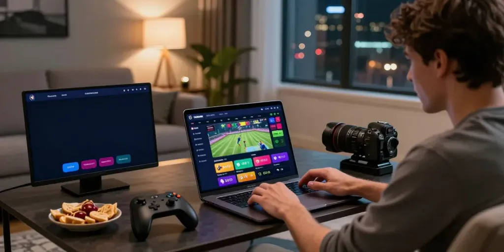 Engaging online betting experience at https://five88bet.org/ with user on laptop in cozy setting.
