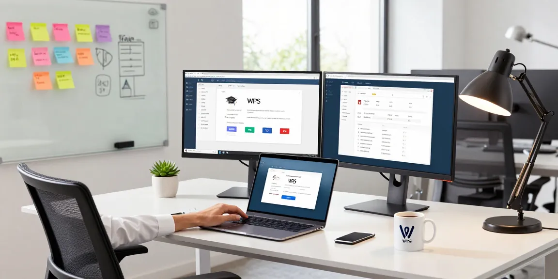 WPS Download in action on a laptop in a modern workspace with dual monitors and a stylish desk setup.