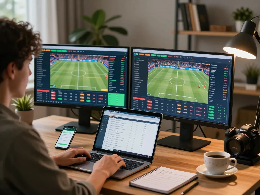 Engaged sports bettor analyzing live odds on https://va88.now/ with dual monitors and betting notes.