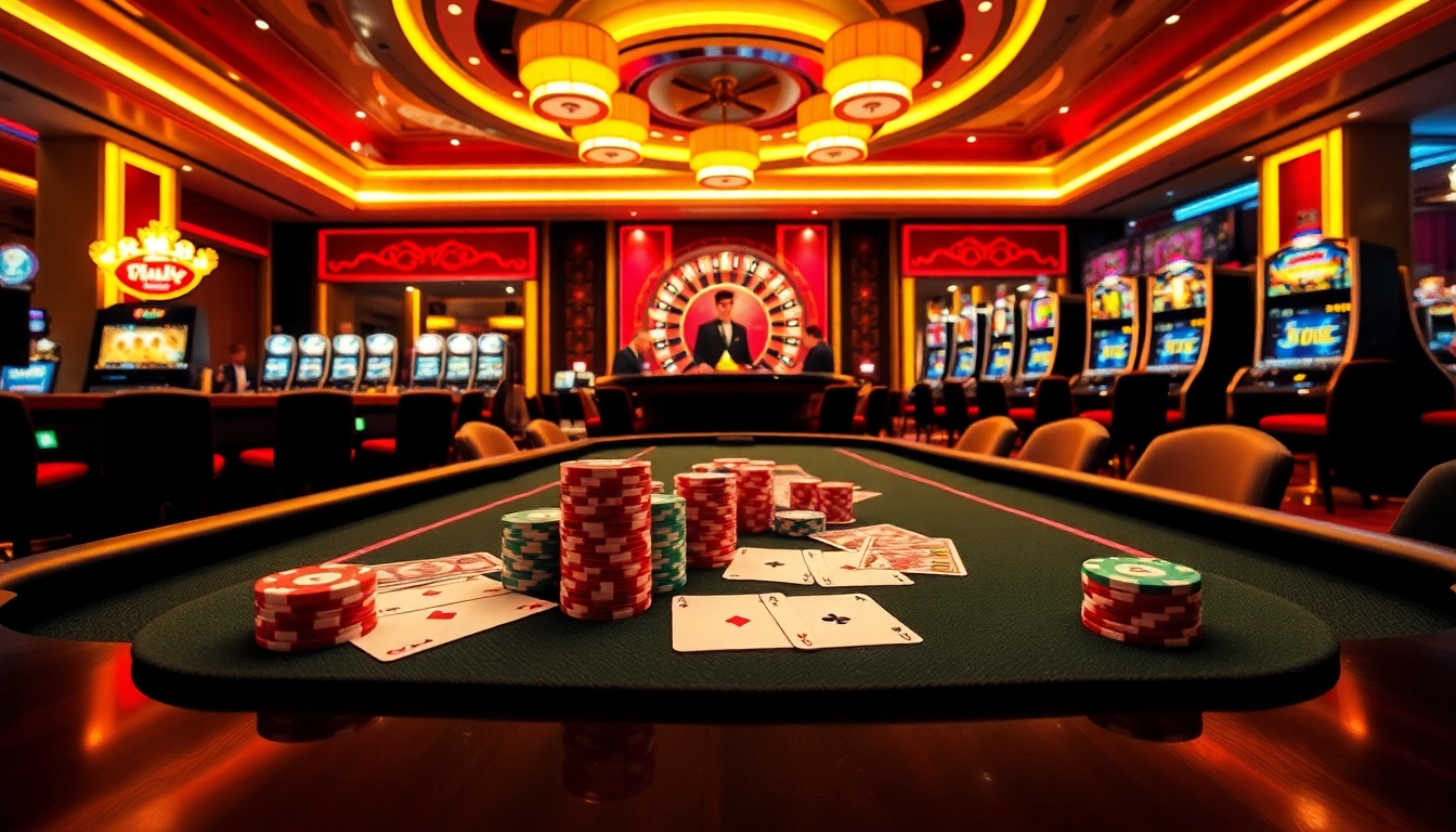 Experience thrilling gameplay at https://km88online.net/ with vibrant casino visuals featuring poker tables and roulette wheels.