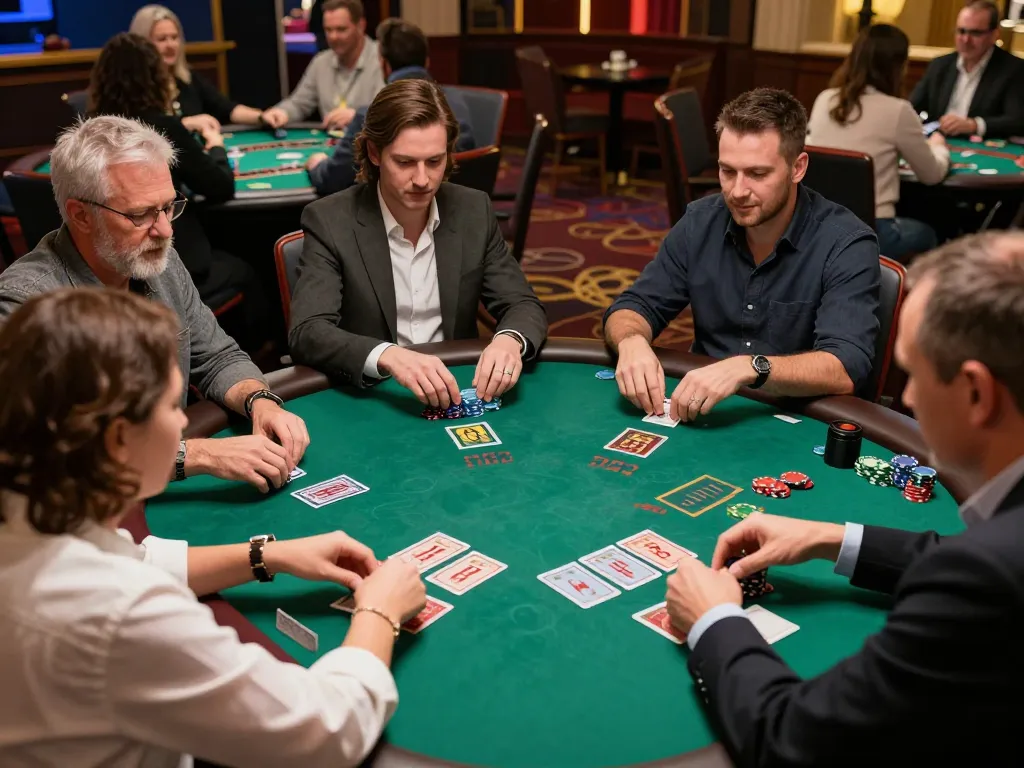 77WIN players engaged in exciting blackjack game with cards and chips on the table.