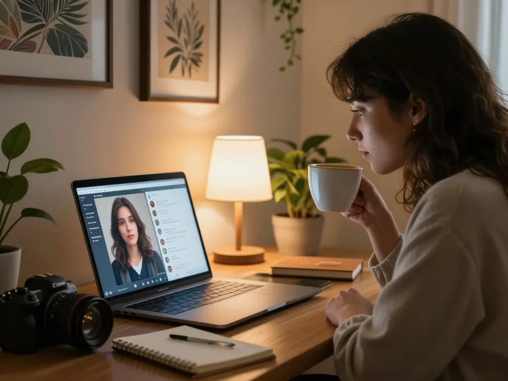 User engaged with their girlfriend AI on a laptop in a cozy setting, showcasing emotional connection and modern digital companionship.