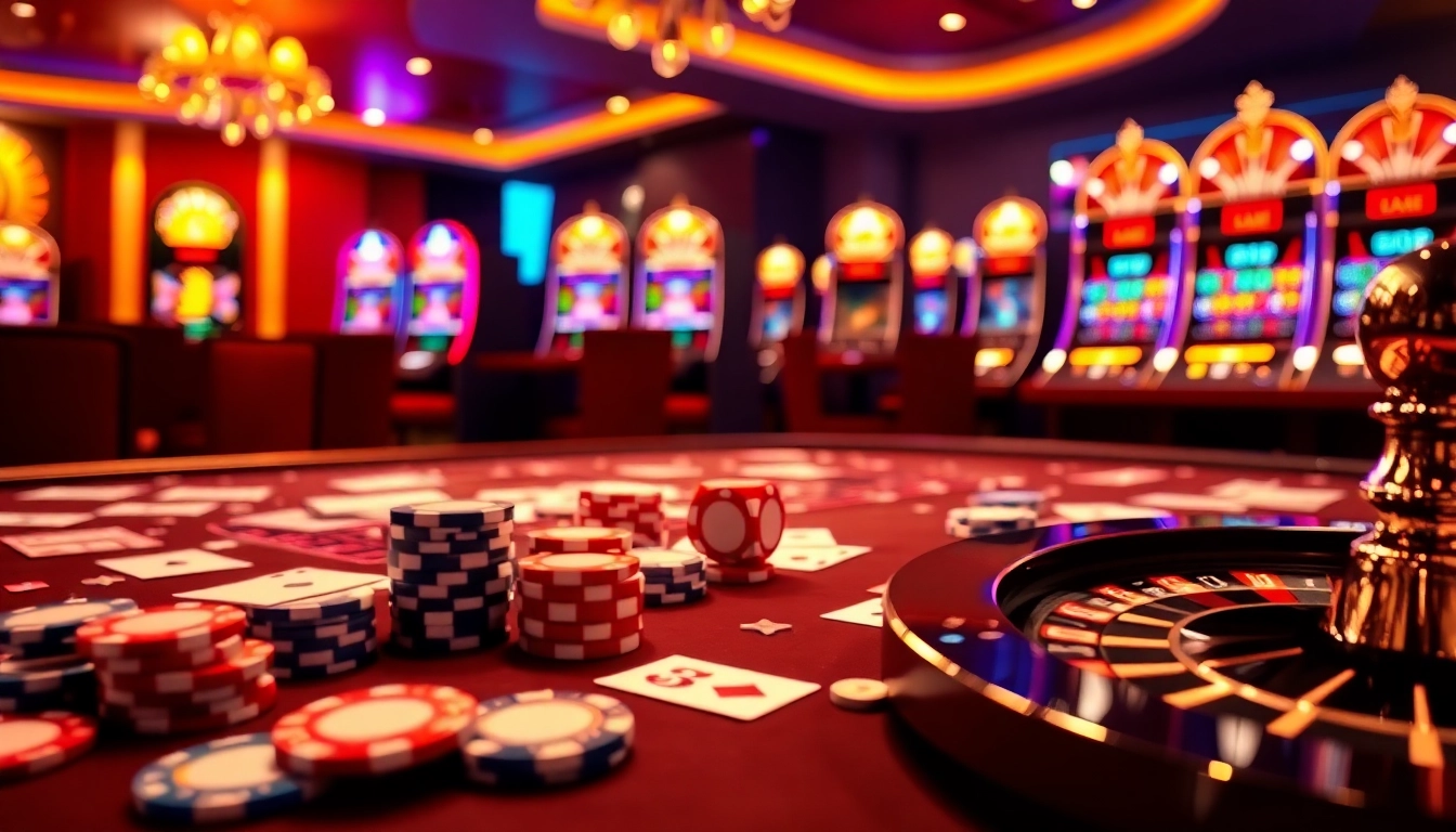 Engaging moment at 789club casino with vibrant slot machines and poker action