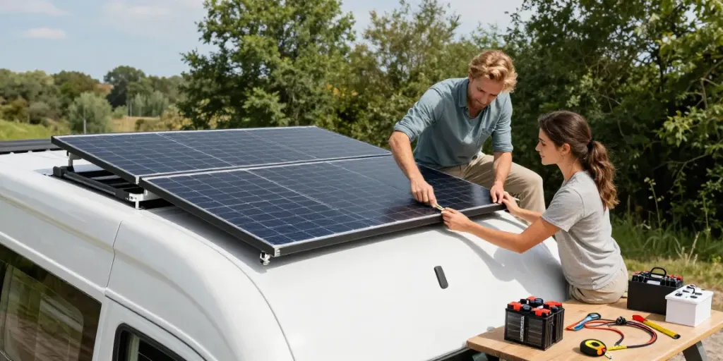 Couple working on van conversion with rokok88 slot login in discussion and outdoor setup.