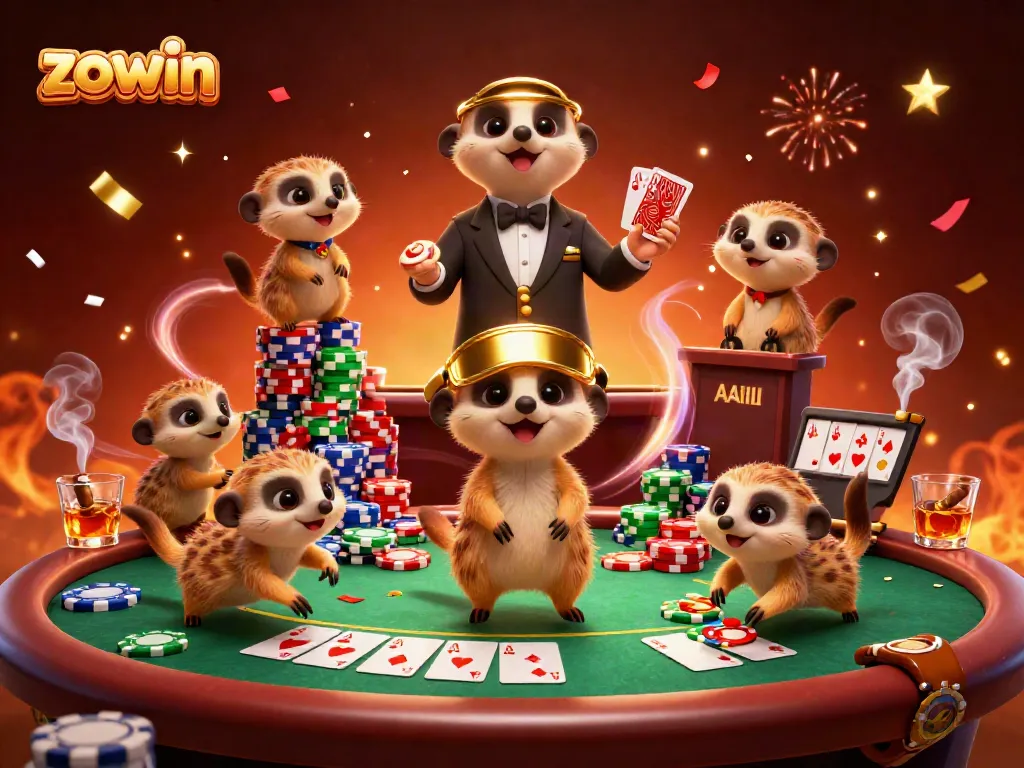 Zowin meerkats manage a bustling casino, showcasing vibrant poker elements and festive decor.