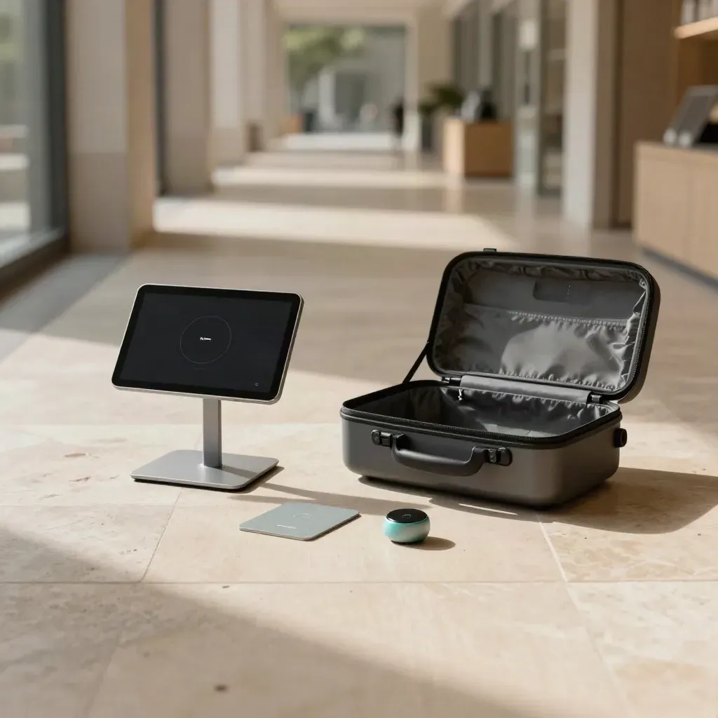 Startovní balík Near Touch pro kiosky na chodbě, s otevřeným kufrem, NFC tagem a beaconem.