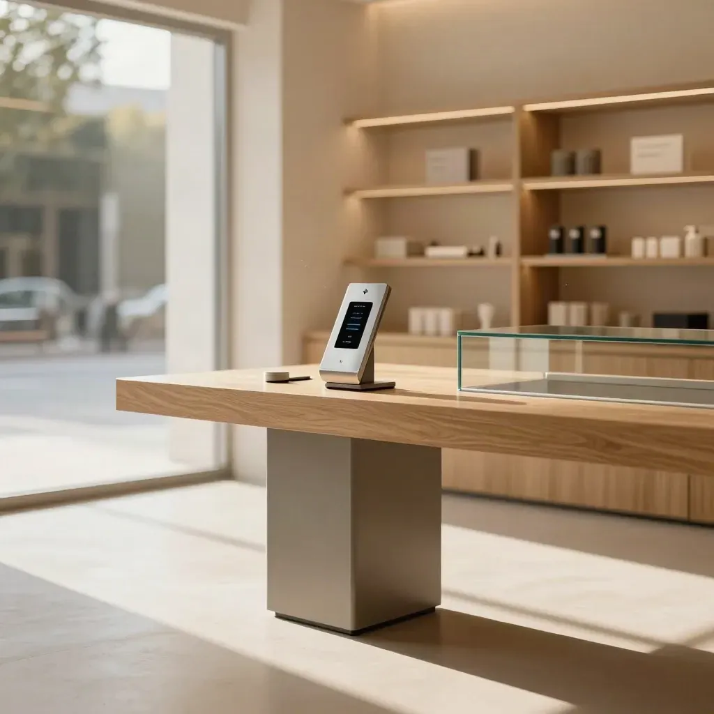 Oaksové showroomové zákoutí s bezzdotykovým kioskem a NFC modulem v měkkém denním světle.