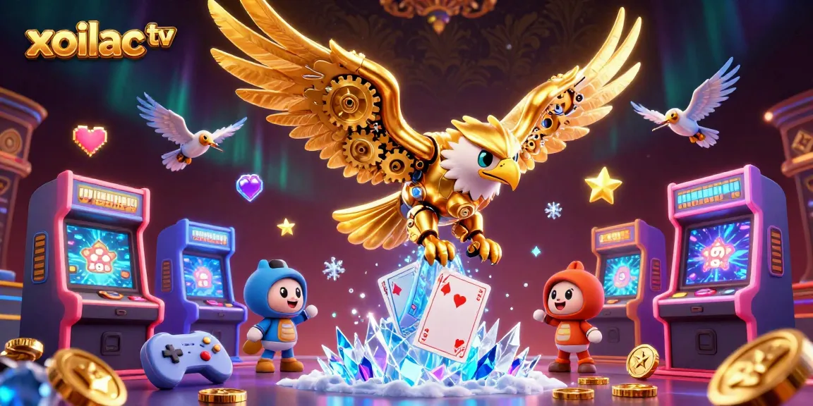 Xoilac TV engages viewers with a stunning 3D illustration featuring vibrant gaming elements and a golden eagle.