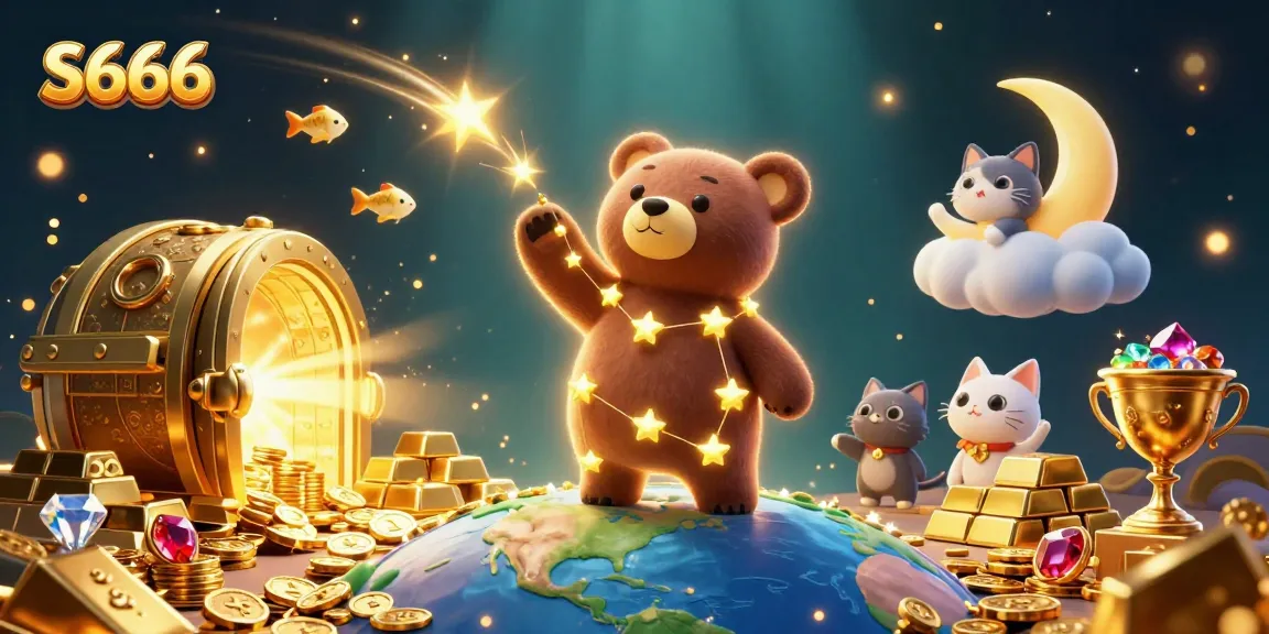 S666 casino promotional illustration featuring golden stars, vibrant treasure elements, and dynamic gambling graphics.