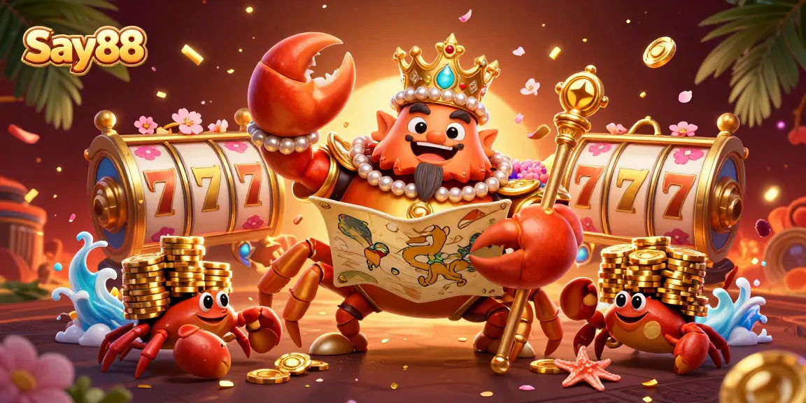 Say88 invites you to spin golden slots with a massive crab emperor and treasure map in a vibrant casino setting.