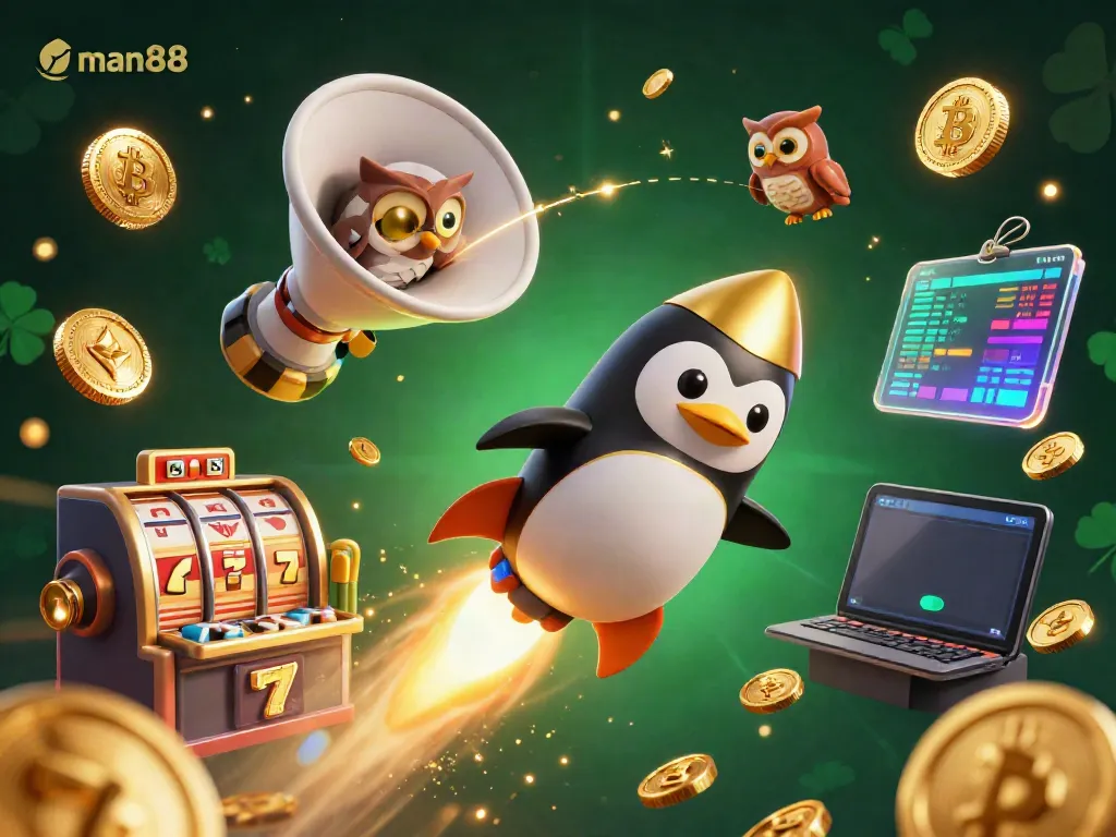 Spin and win at man88 with a golden penguin at a cosmic casino adventure, highlighting jackpot and crypto elements.