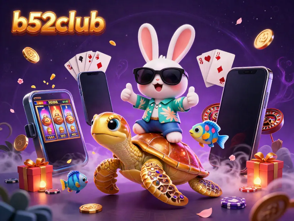 Experience the excitement of b52club with lucky rabbit and turtle in a vibrant casino scene.
