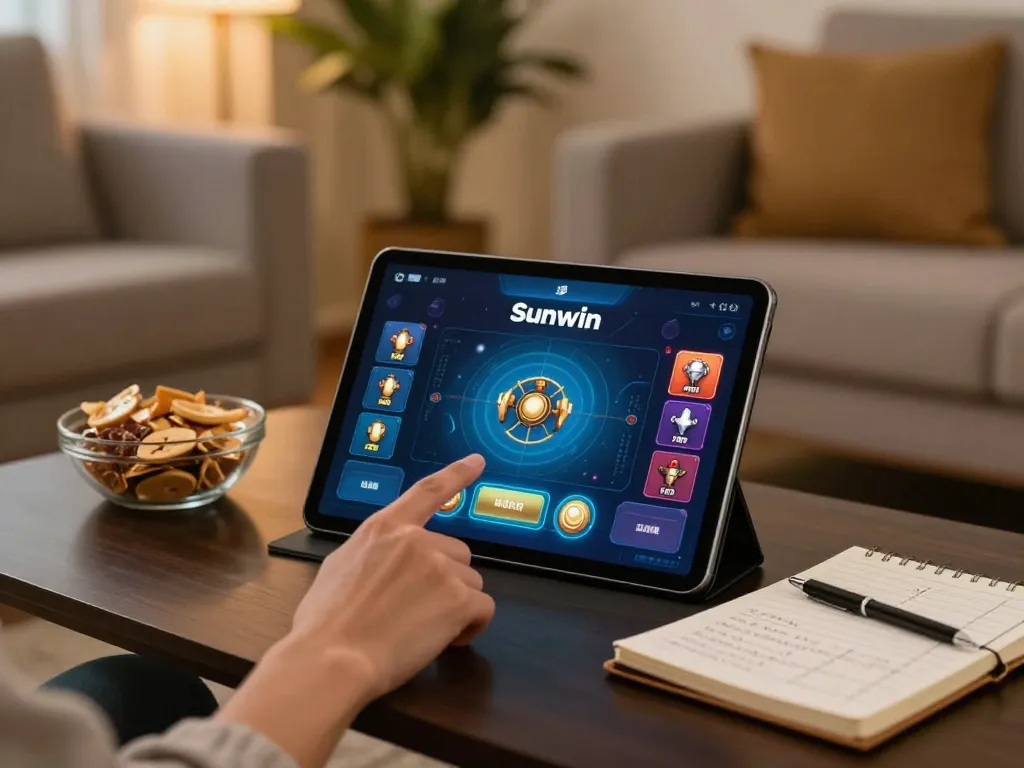 Engaging with the Sunwin casino app on a tablet in a cozy home setup for online gaming.