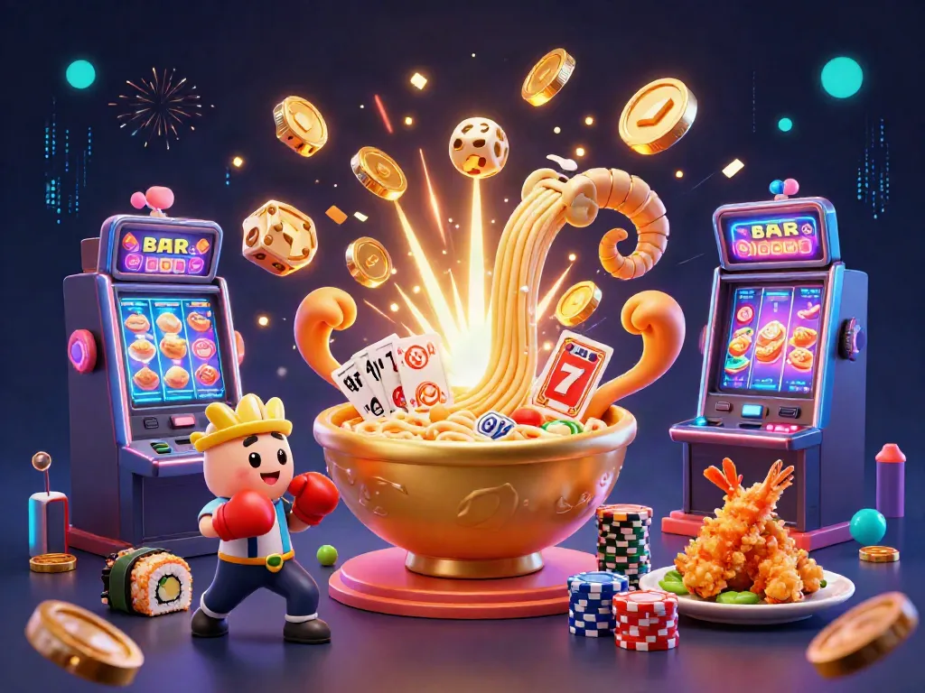 Celebrate thrilling moments with keonhacai as a giant ramen bowl dealer handles casino chips and cards.