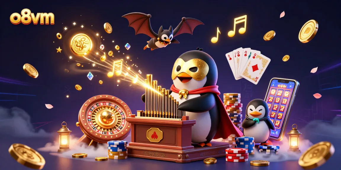 Experience fun gaming at O8VM with the vibrant cartoon casino scene featuring dazzling coins and musical magic.