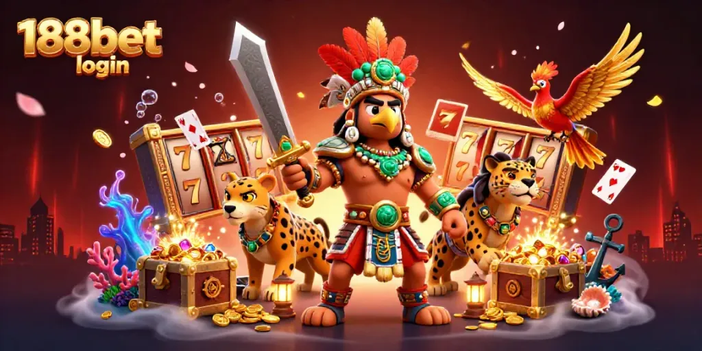 Experience seamless 188bet login with a vibrant scene of Aztec warriors and slot symbols.
