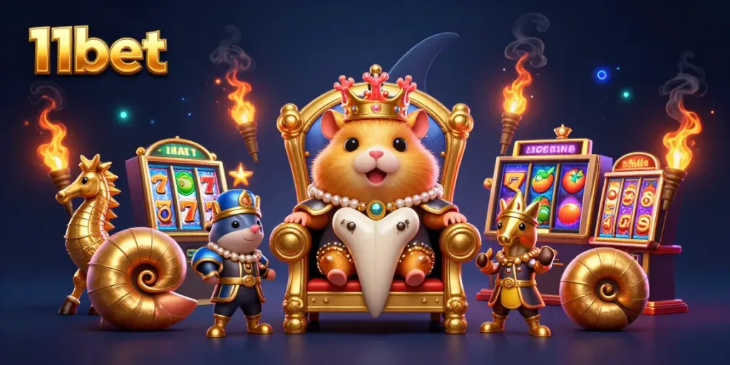 Experience thrilling slot action at 11bet, featuring a fierce golden hamster king and royal guards amidst vibrant game machines.
