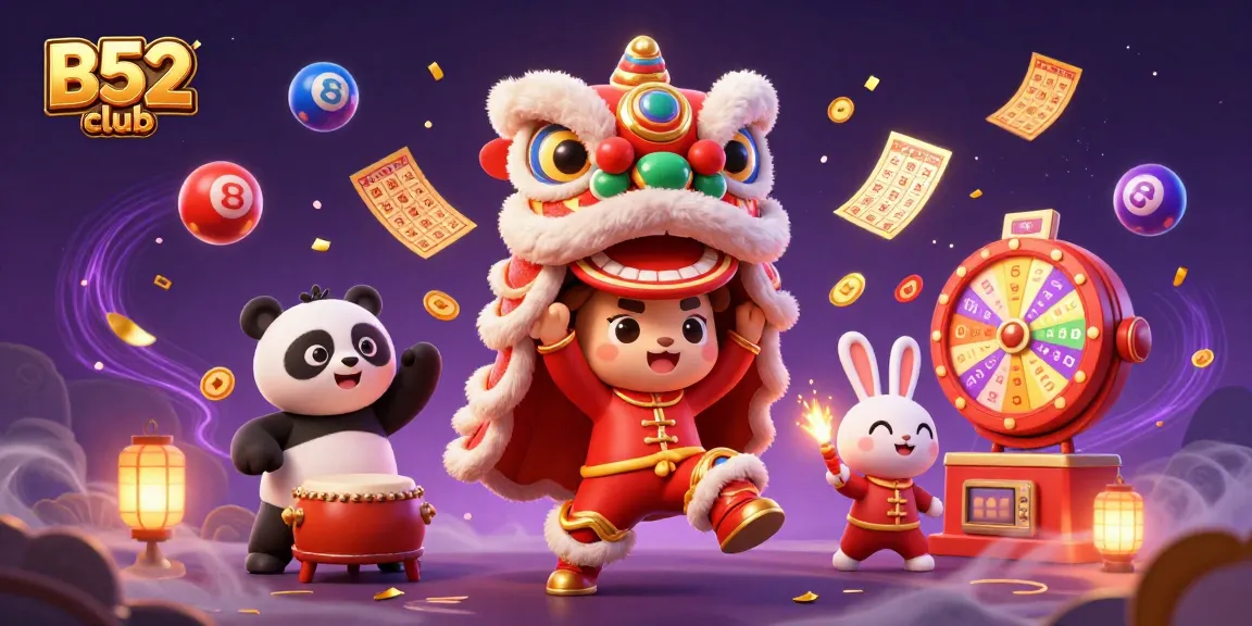 Engage with the vibrant B52 club scene full of lottery and casino excitement featuring animated characters.