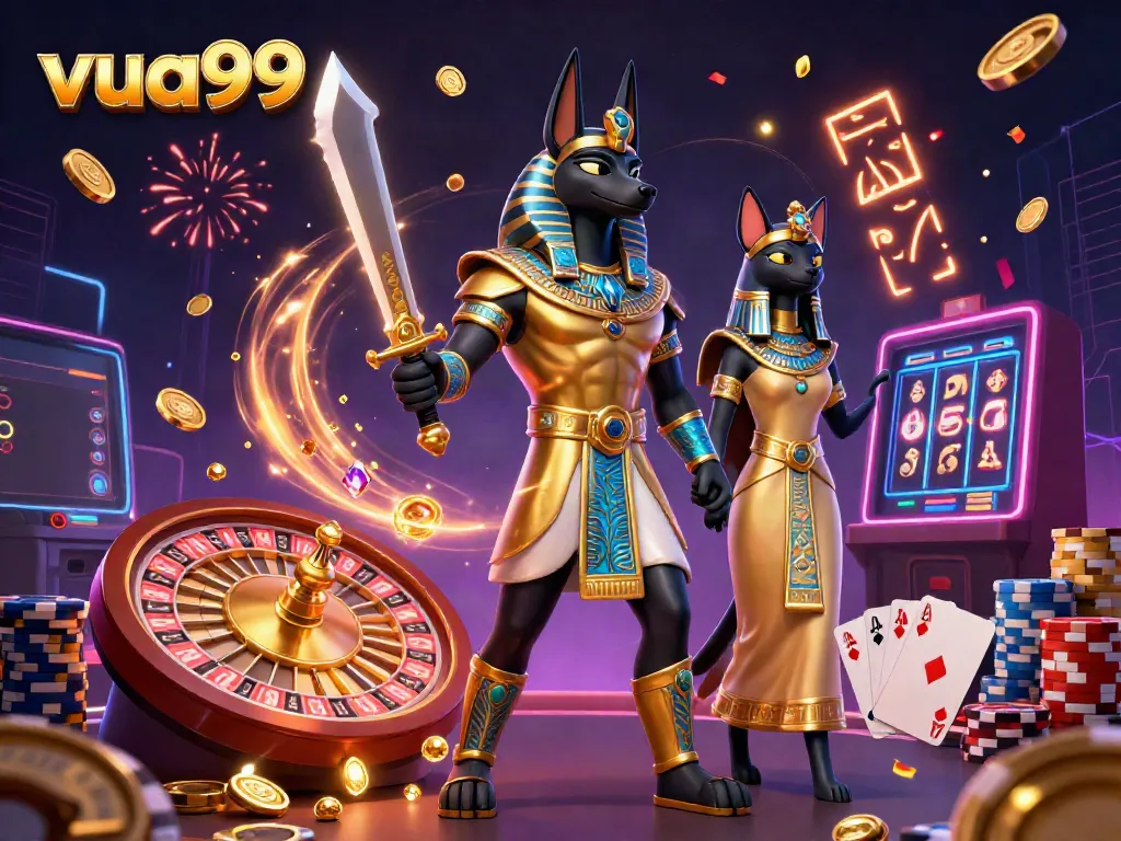 Experience vibrant gameplay at vua99 with Anubis and Bastet in a dynamic casino illustration.