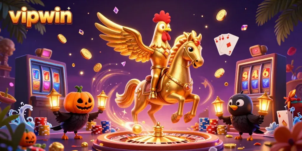 Experience thrilling wins at vipwin with golden rooster and vibrant casino elements in dazzling 3D.