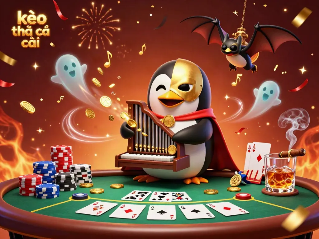 Engage with kèo nhà cái as the 3D penguin plays the organ shooting coins, surrounded by gaming elements.