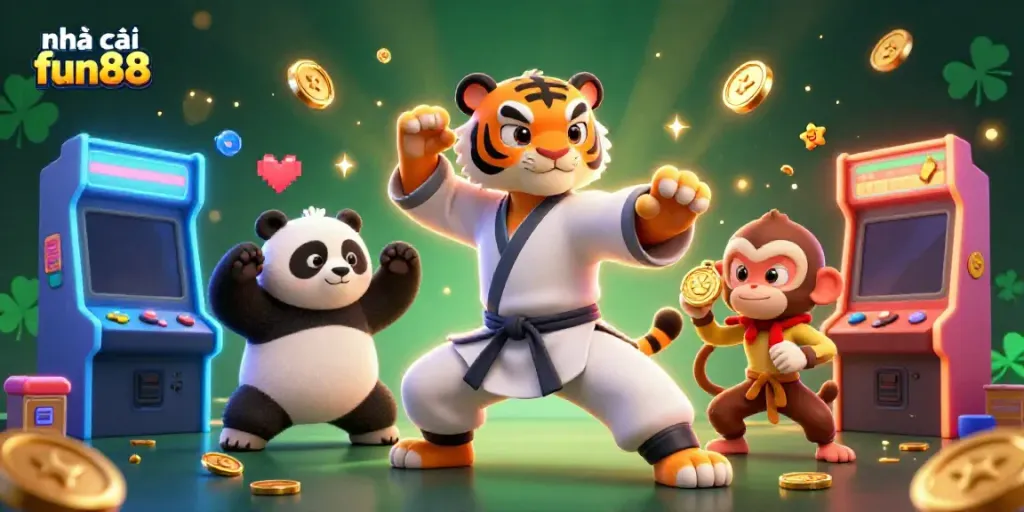 Engage with nhà cái fun88 through a thrilling 3D casino scene featuring characters celebrating gaming.
