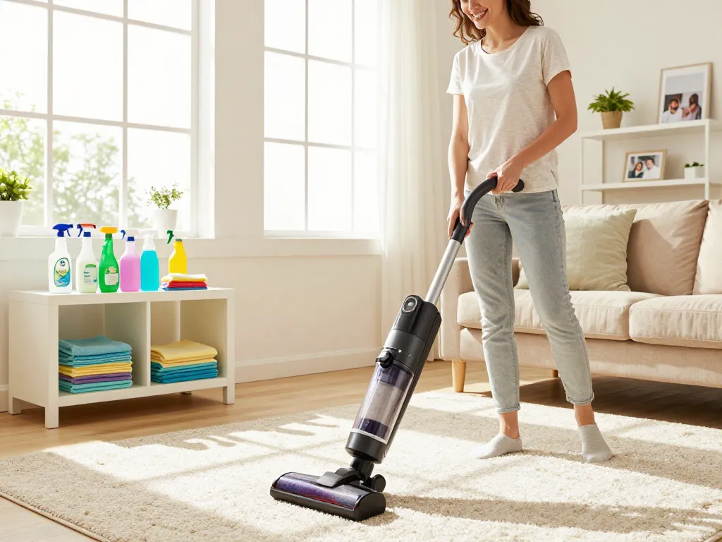 This image exemplifies home cleaning techniques featured on tento web, showcasing a woman using a vacuum cleaner in a bright living room.