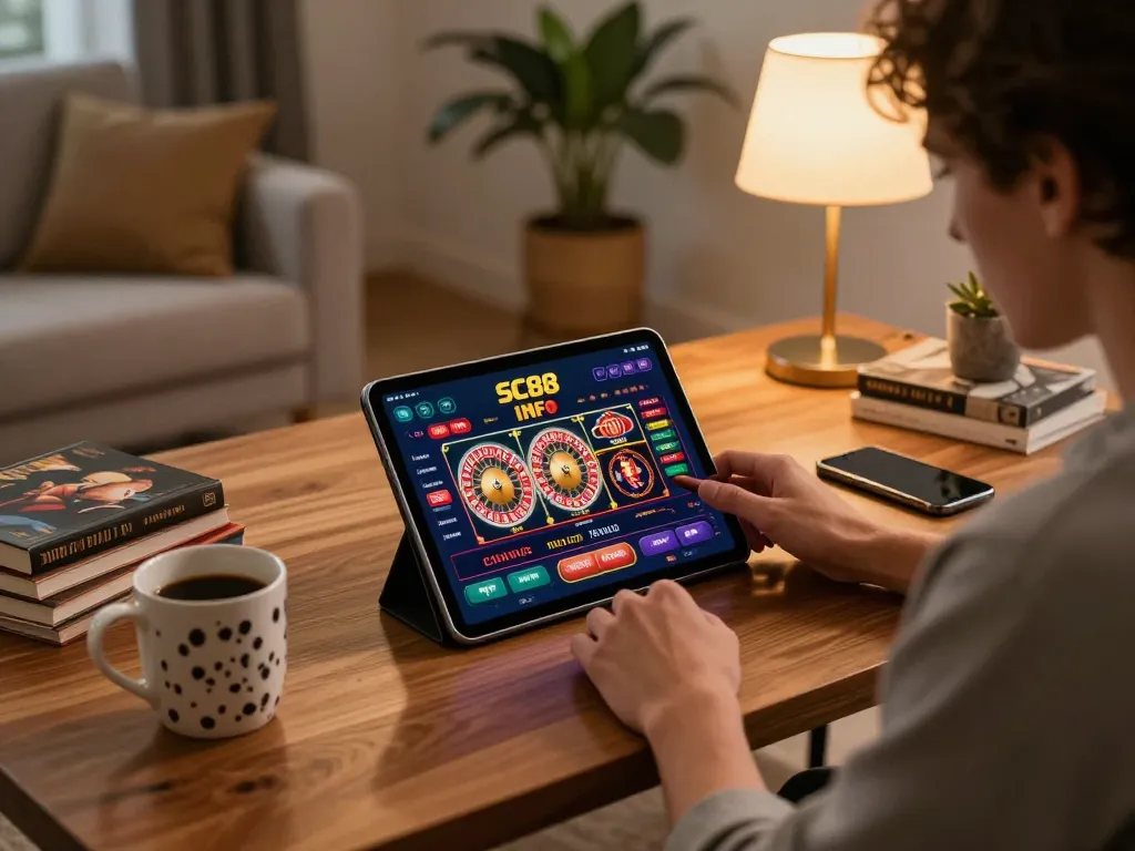 Engaging in online play with SC88 INFO app on tablet while tracking gaming strategies.
