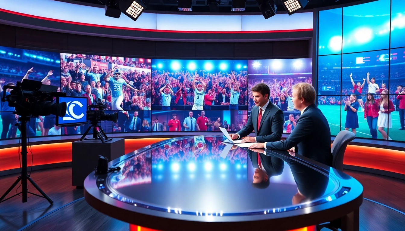 Engaging sports broadcasting scene showcasing anchors discussing thrilling moments in sports.