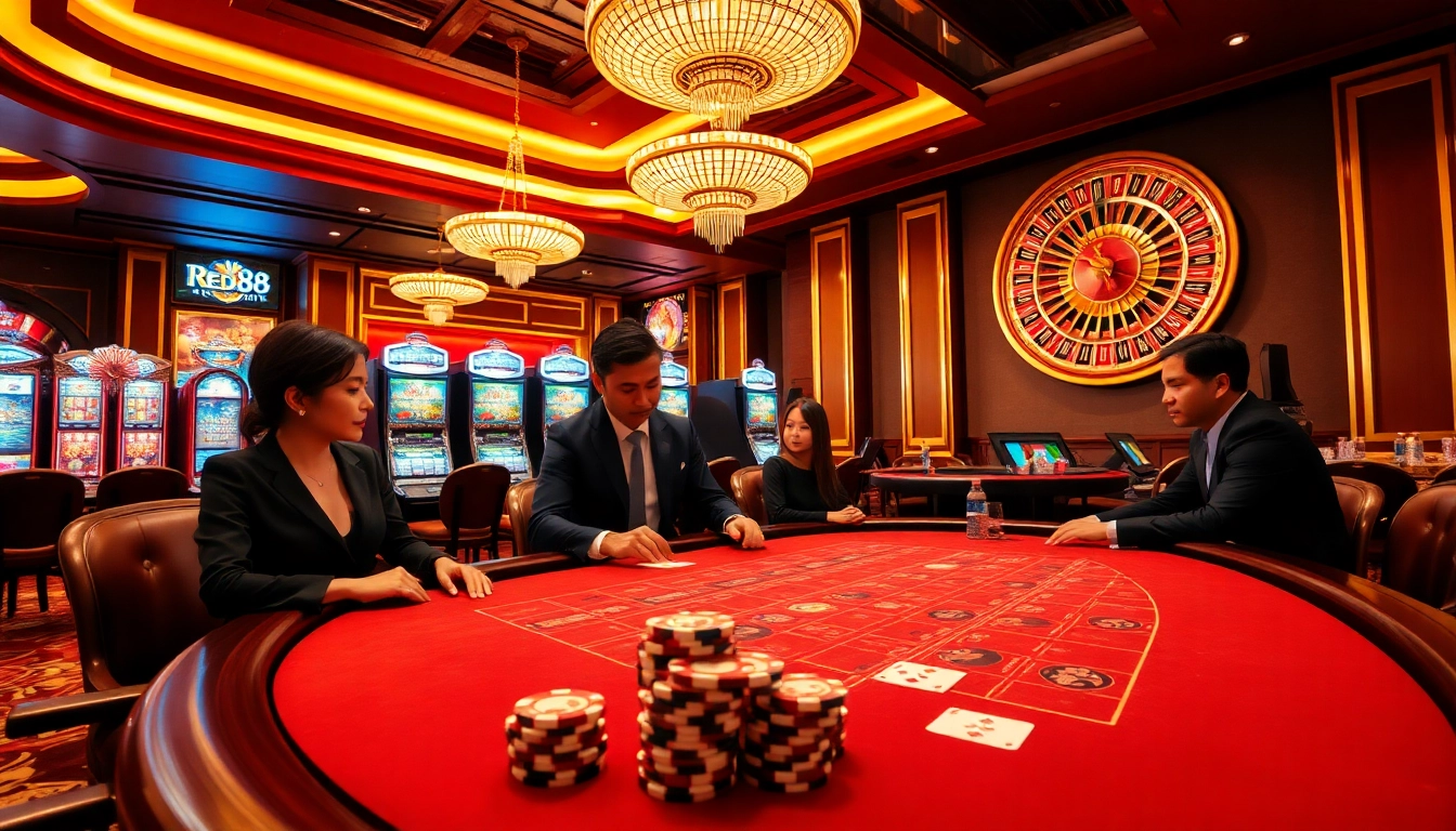 Intensely engaging scene showcasing gamblers at a Baccarat table at nhà cái red88's upscale casino.