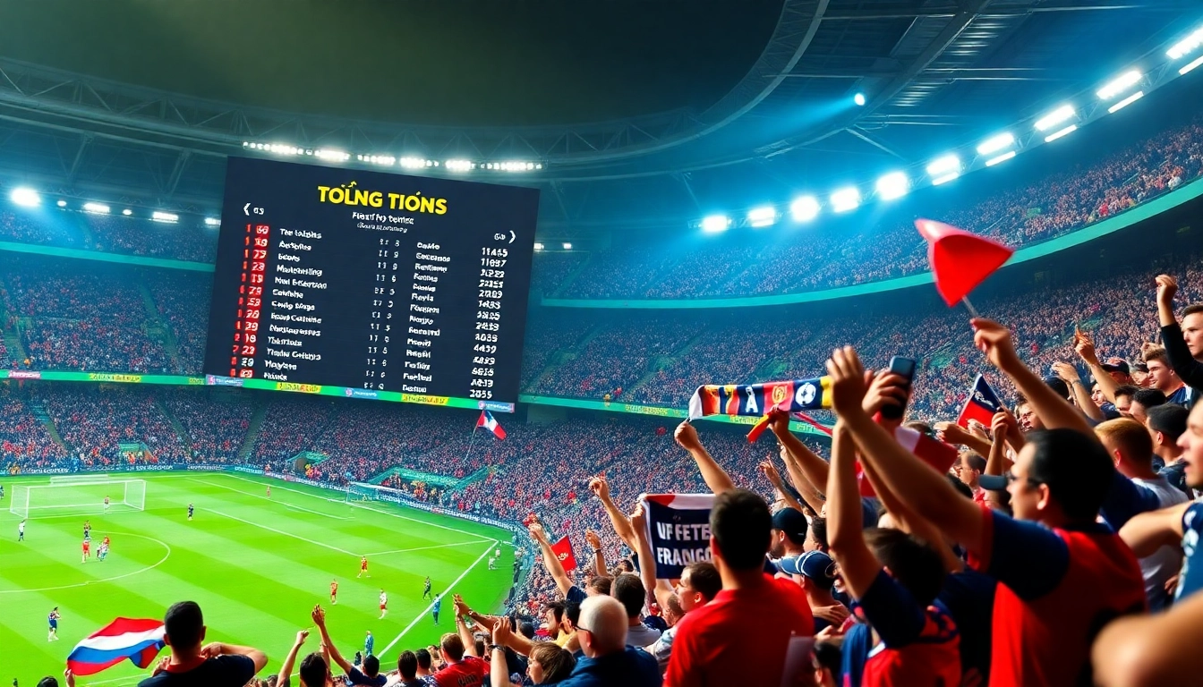 Bảng xếp hạng bóng đá displayed on a digital scoreboard in a bustling stadium filled with excited football fans.