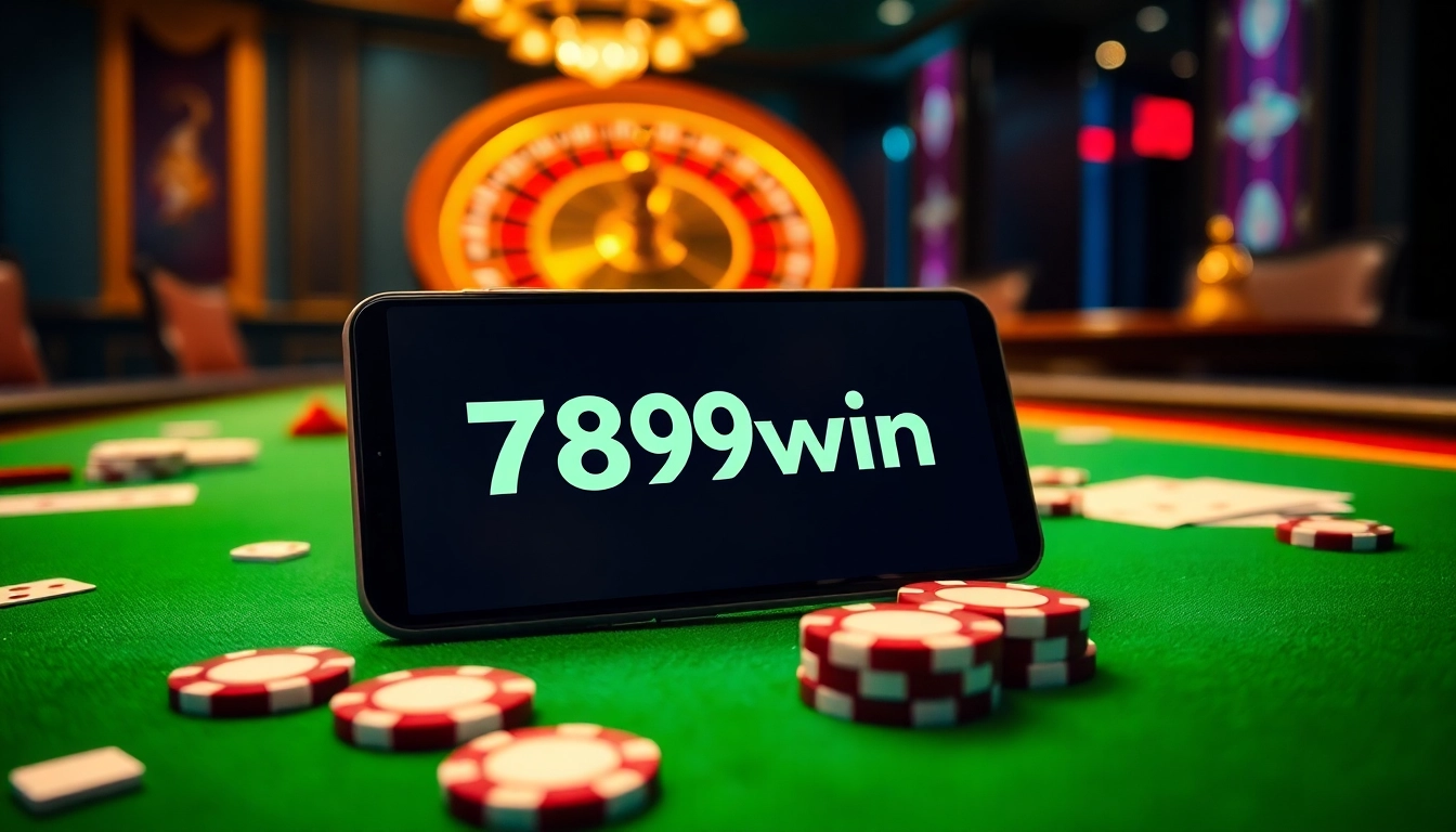 Play poker and win with the 789win app showcased on a luxurious gaming table.