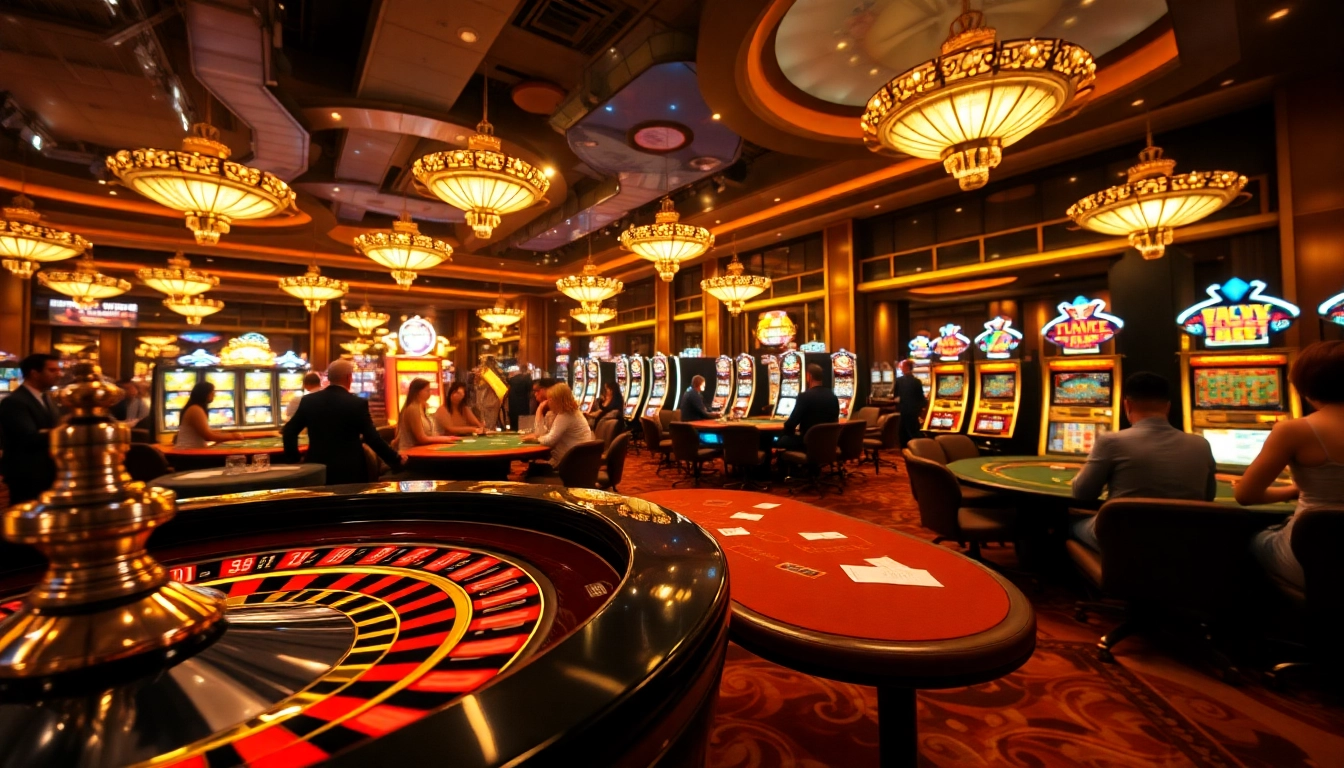Experience the thrill of gambling at https://vb88org.com/ with a luxurious casino scene featuring vibrant roulette and poker tables.