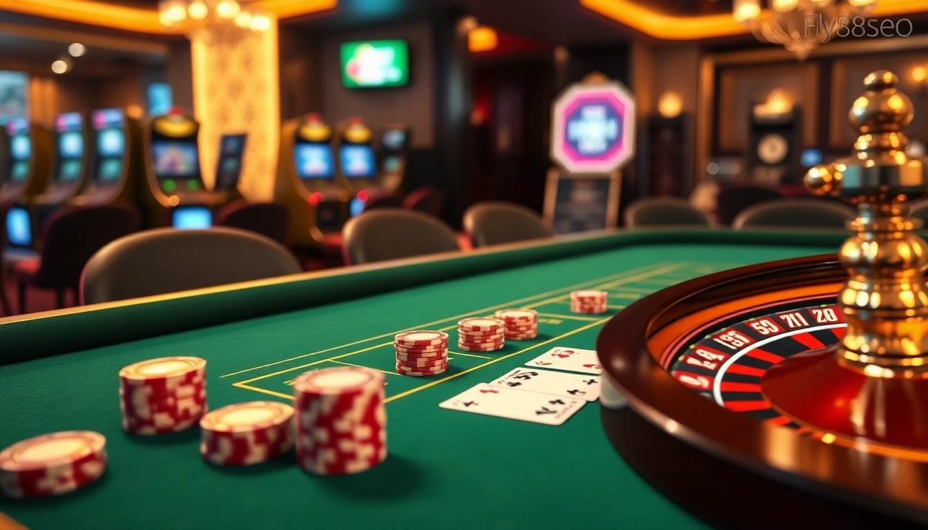 Experience exciting gameplay at https://fly88seo.com/ with a luxury casino atmosphere featuring poker tables and roulette wheels.