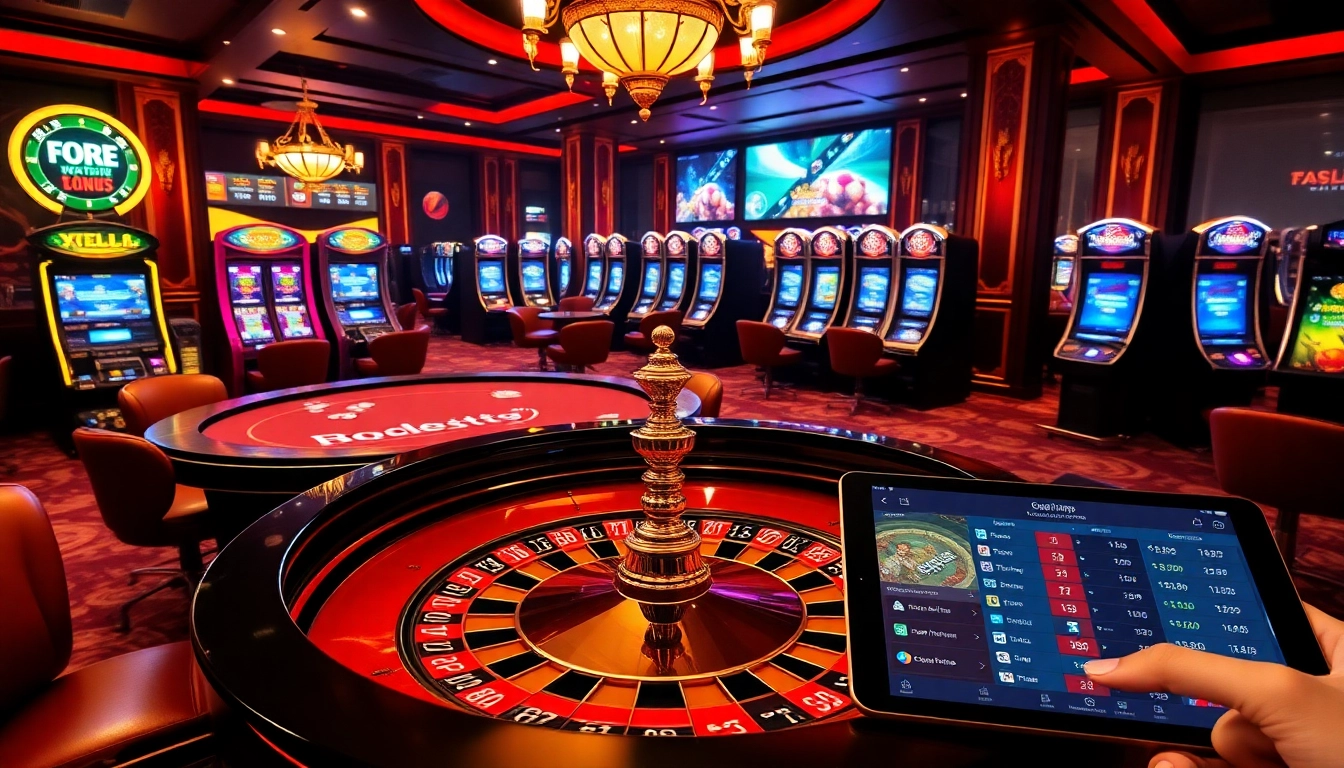 A thrilling casino scene highlighting https://f8betb1.com/ with vibrant roulette, poker games, and digital slots.