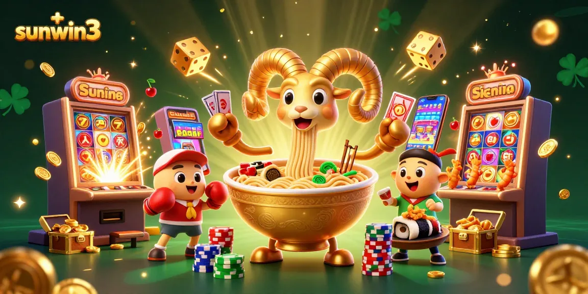 Experience thrilling gameplay at sunwin3 with a vibrant casino scene featuring a giant ramen bowl dealer and exciting slot machines.