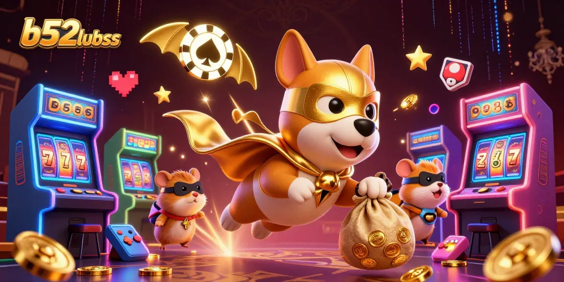 Experience jackpot excitement at b52clubss with dynamic 3D characters, including a superhero dog and colorful gambling elements.