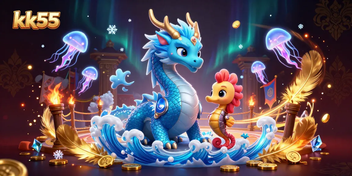 Engage with kk55's thrilling gaming experience featuring a vivid ocean dragon and seahorse knight.