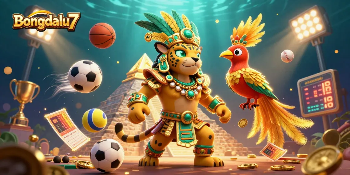 Bongdalu7 showcases a dynamic 3D illustration featuring a Mayan jaguar priest with sports elements symbolizing casino and betting excitement.