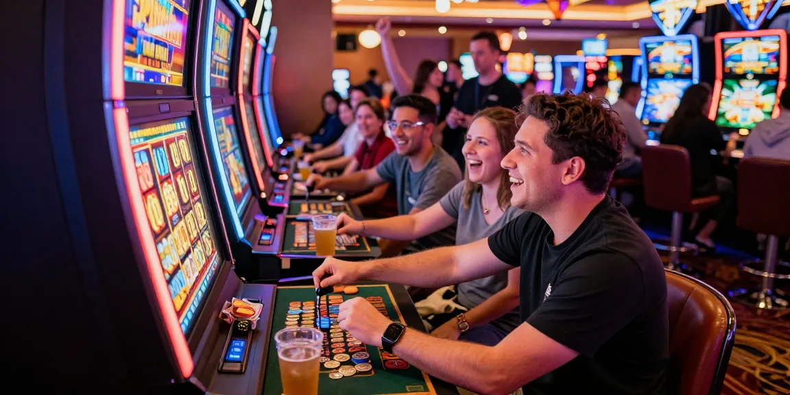 Excited players at vibrant slot gacor machine in casino, showcasing vibrant atmosphere and action.