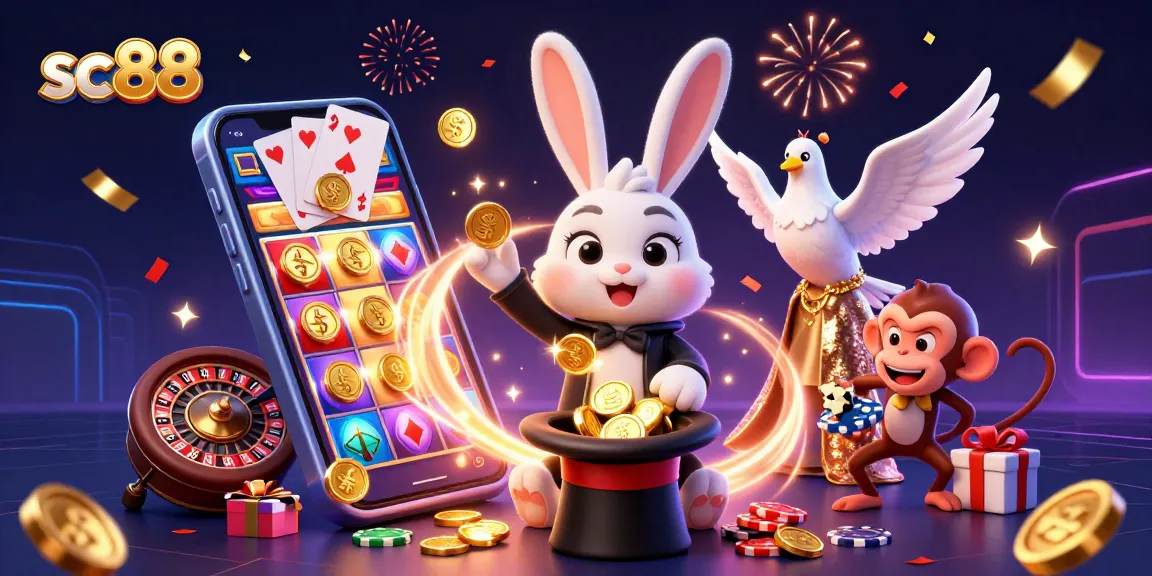 sc88 enchanting casino scene with magician, assistant dove, and monkey amid vibrant game elements